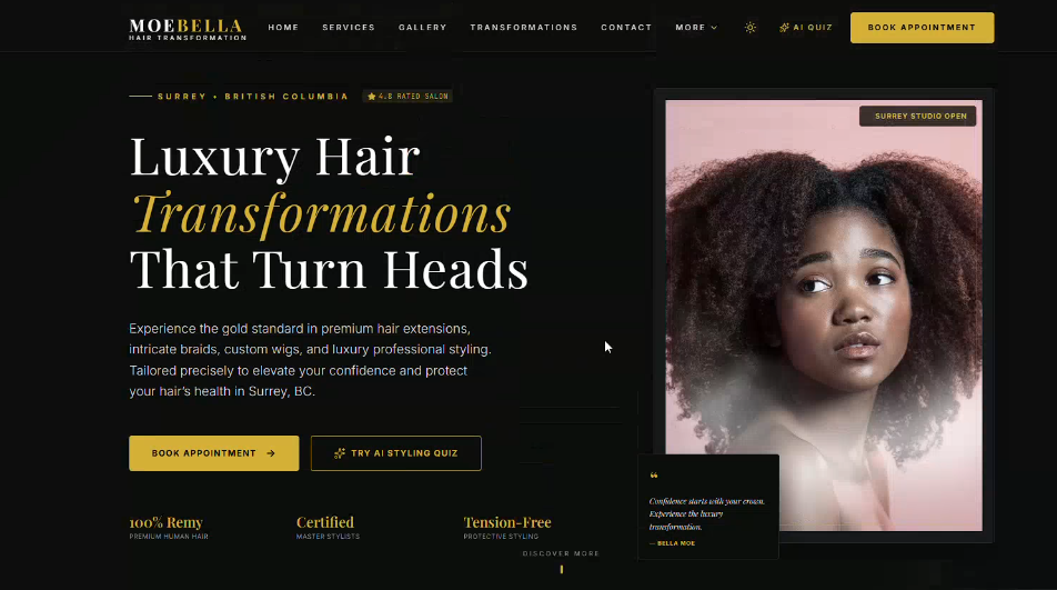 Landing page example for a hair studio
